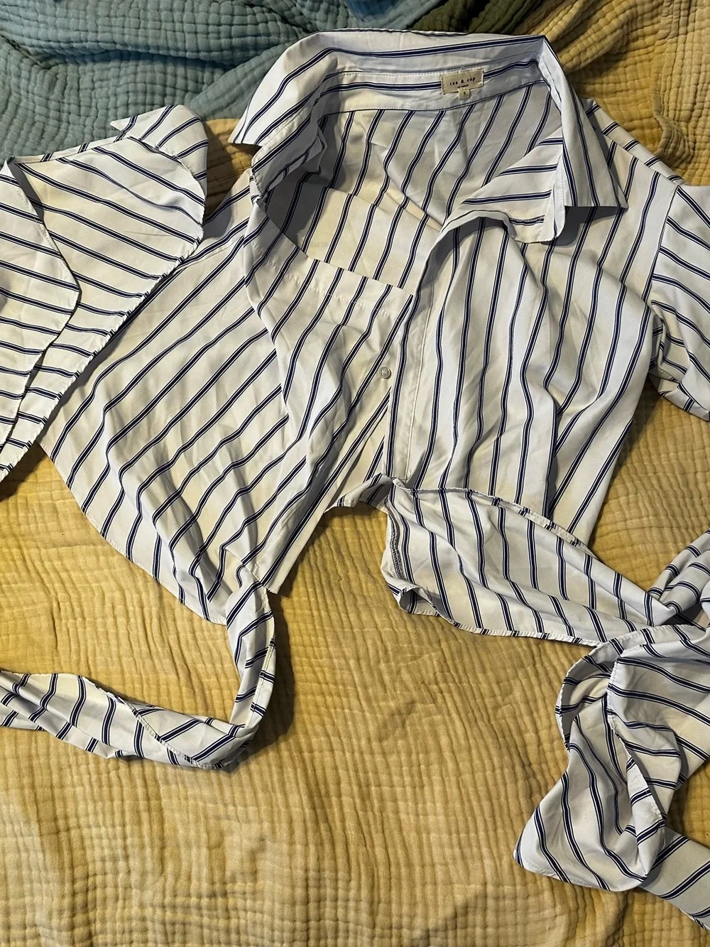 Tea n Cup White and Navy Striped Wrap Button-Down Blouse - Picture 8 of 8